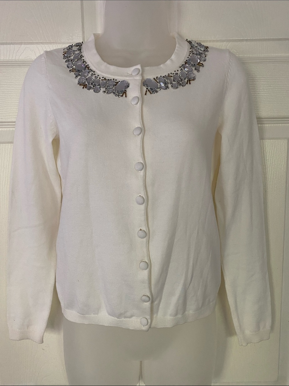 ECI New York Sweater Cream Jeweled Collar Button Front Cardigan size Small